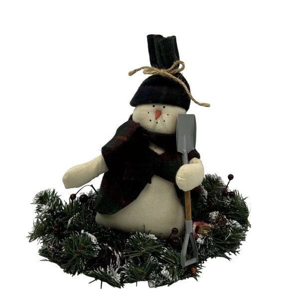 Christmas Snowman On Grass Sled Plush Doll With Shovel & Greenery Wreath Festive - Picture 7 of 7